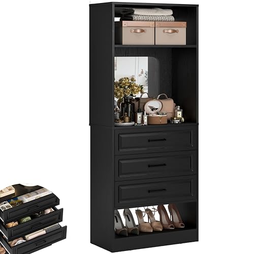 Unikito 25”Freestanding Closet System with 3 Drawers, Organizer Wardrobe with Storage Shelves and Mirror, Sturdy Wood Walk-in Organizer Systems for Small Closets, 25" W x 16" D x 80" H, Black - color: Black, size: 25 Inch