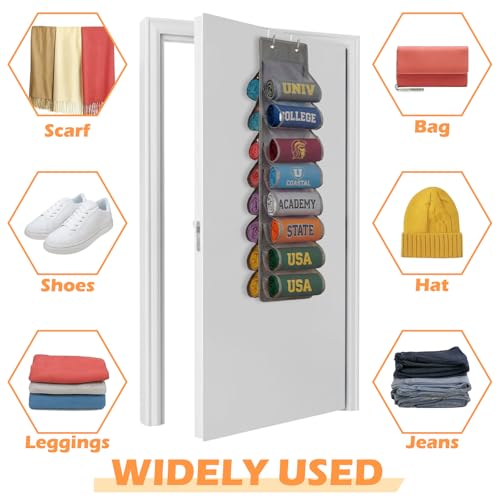 Over the Door Hoodie Organizer, Double Sided Holds 16 Hoodies, Gray Hanging Storage with 2 Hooks and Rope for Door Closet Cabinet Use, Ideal for Dorm Rooms Bedroom, Small Spaces - color: Grey
