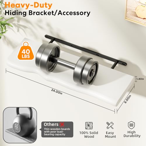Floating Shelves for Wall Rustic Farmhouse 24 Inch Floating Shelf Bathroom Wooden Shelves for Wall Mounted Live Edge Pine Shelf with Unique Natural Grain for Living Room Bedroom Kitchen (White) - color: White, size: 24 inch - 2pcs