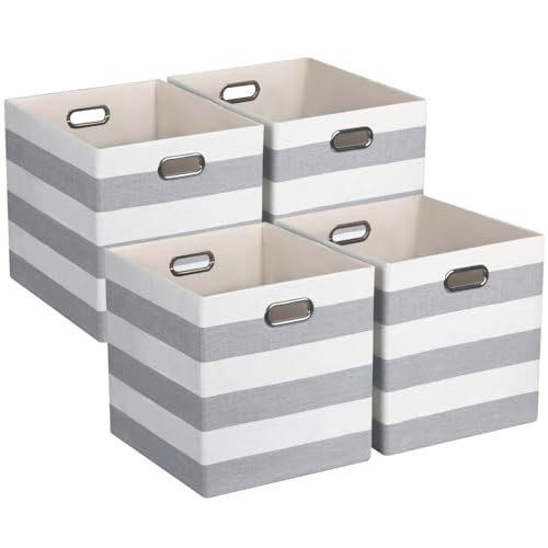 11 x 11 x 11 Inch Storage Bins, Collapsible Fabric Cubes, Cubby Organizer Bins Striped Container Baskets for Home Office Wardrobe Closet Shelf, Pack of 4, Gray/White - color: Gray/White, size: 11"x11"x11"