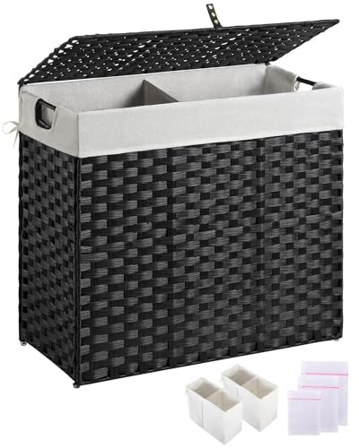 Greenstell Laundry Hamper with lid, No Install Needed, 130L Wicker Laundry Baskets Foldable 2 Removable Liner Bags, 2 Section Clothes Hamper Handwoven Rattan Laundry Basket with Handles, Black - color: Black, size: 130L (26.2x13.3x24.0 Inches)