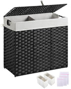 Greenstell Laundry Hamper with lid, No Install Needed, 130L Wicker Laundry Baskets Foldable 2 Removable Liner Bags, 2 Section Clothes Hamper Handwoven Rattan Laundry Basket with Handles, Black - color: Black, size: 130L (26.2x13.3x24.0 Inches)