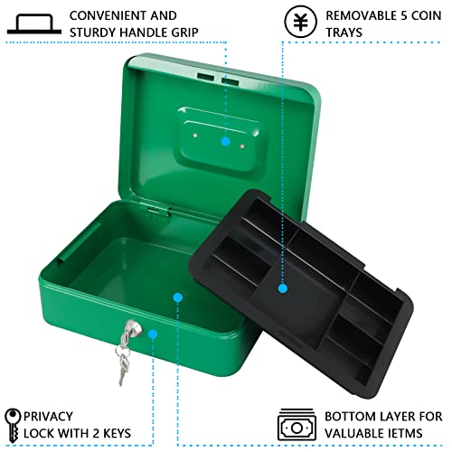KYODOLED Large Lock Box with Money Tray,Storage Cash Box with Lock,Safe Metal Box for Money,9.84"x 7.87"x 3.54" Green Large - color: Green, size: Large