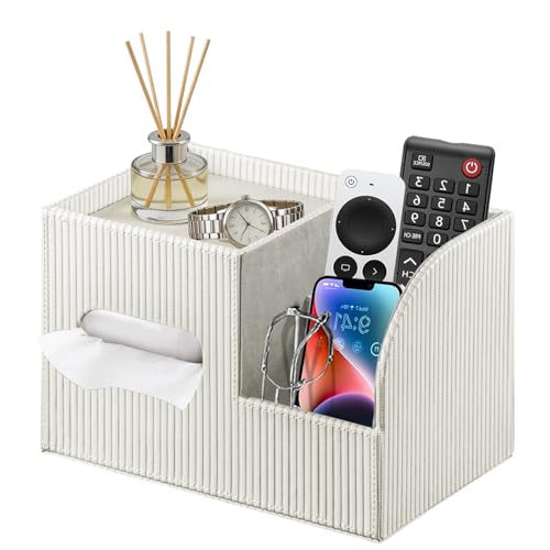 Modern PU Leather Cube Tissue Box Cover with Storage Tray, Multifunctional Remote Control Holder & Facial Tissue Dispenser Organizer for Nightstand, Bathroom, Bedroom, Office & Home Decor - color: White