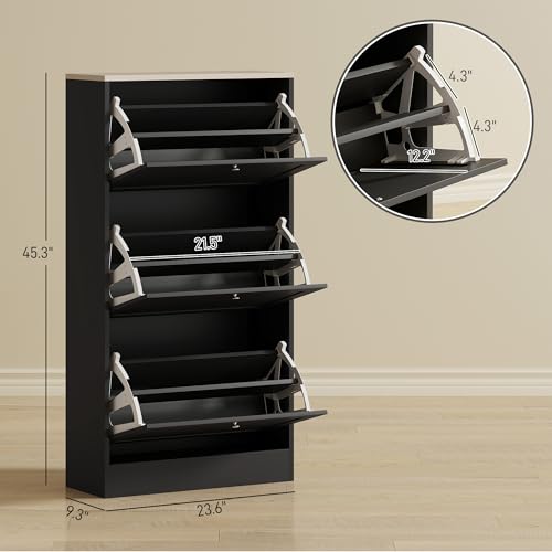 HOMCOM Narrow Shoe Storage Cabinet for Entryway with 3 Flip Drawers and Adjustable Shelves, Shoe Rack Organizer for 18 Pairs of Shoes, Black - color: Black, size: 23.6" x 9.4" x 45.3"