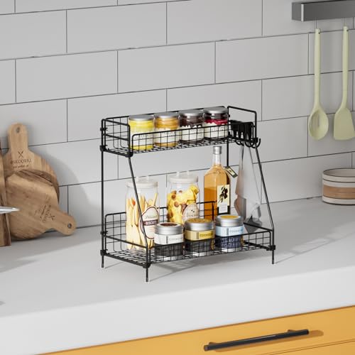 VITVITI 2 Tier Bathroom Organizer Countertop, Metal Wire Bathroom Counter Organizer Storage with Hooks, Vanity Tray Shelf, Kitchen Spice Rack, Black - color: Black Wire