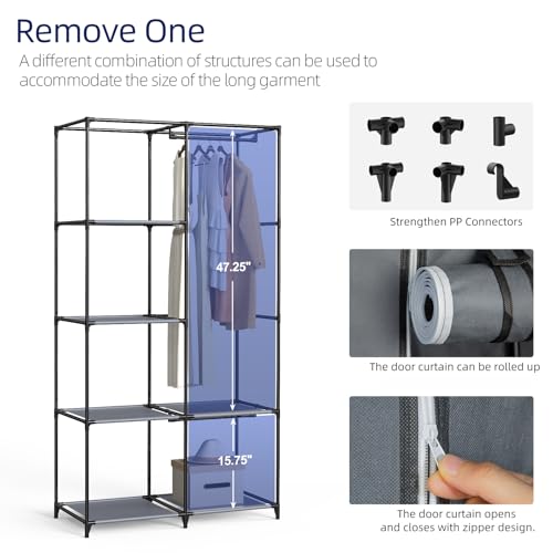 Portable Closet, Wardrobe Closet with 6 Storage Shelves and 2 Hanging Rods, Non-Woven Fabric Cover, 34.6 x 17.7 x 66.1 Inches Closet Organizer for Bedroom, Gray - size: Medium