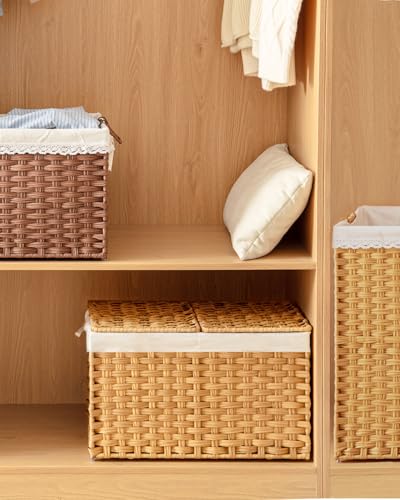 SETVSON Storage Basket with Lid Rattan Woven Storage Baskets with 2 Separate Lids, 17.2 Gallon (65 L), 22 x 13 x 13.8 Inches,Foldable, 2 Removable Liner Bags Handles for Bedroom, Laundry Room Natural - color: Natural, size: 65L-22L*13W*13.8H