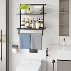 Wall Mounted Towel Rack for Bathroom, Bath Storage Holder 3-Tier Steel Wood Towel Shelf with Bar, Black - color: Black