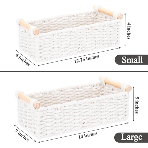 Boho Cotton Rope Storage Baskets Set of 2, Woven Wicker Organizer Bins with Wooden Handles, Small Decorative Boxes for Organizing, Toilet Paper Baskets for Bathroom Countertop, Shelves (White 2 Pack) - color: White 2 Pack