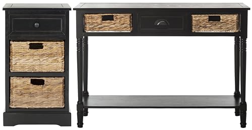 SAFAVIEH Home Collection Carrie Distressed Black/ Natural Wicker 3-Drawer Storage Nightstand Side Table (Fully Assembled) - color: Distressed Black