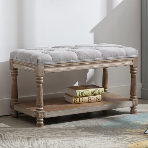 chairus Storage Bench 31.5" W Button Tufted Small Entryway Bench with Wooden Shoes Rack End of Bed Bench with Fabric Linen Upholstered Rectangular Seat for Bedroom Hallway Small Space, Grey - color: Grey, size: 31.5 Inches Seat