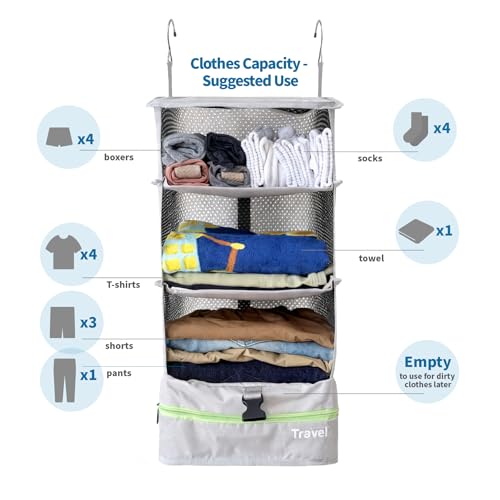 Grand Fusion Stow-N-Go Portable Hanging Travel Shelves, Packing Organizer for Luggage. Carry on Closet with Hanger for Clothes. Expandable Packing Cube. Travel Essentials, Light Gray - L - color: Light Gray, size: L = (L) 11.8" x (W) 11.8"