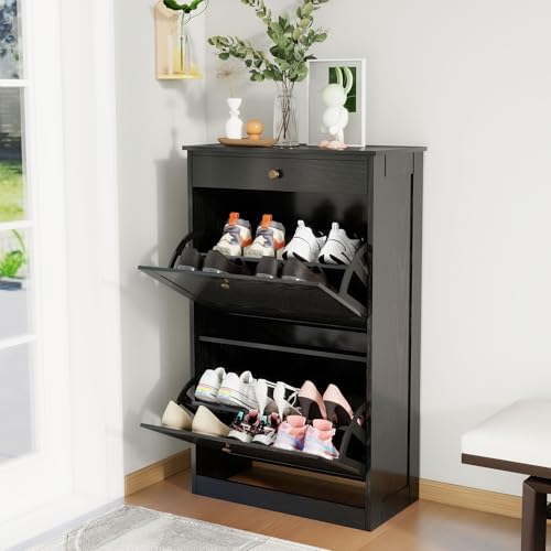 FTZxHKLX Shoe Cabinet with 2 Flip Drawers, Slim Freestanding Hidden Shoe Organizer with Drawer, Pet-Proof Shoe Storage Cabinet for Entryway Living Room Behind The Door, Black - color: Black, size: 1pcs