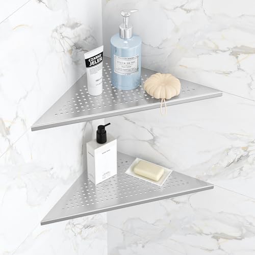 Qeke 2 Pack Bathroom Corner Shelf, Recessed 12" Corner Shower Shelf, SUS304 Stainless Steel Triangular Wall Mount, No Drilling, Brushed Nickel - color: Brushed Nickel, size: 12"- 2 Pack