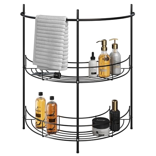 Pedestal Sink Organizer - Compact Under Sink Rack with 2 Storage Shelves and Towel Holder - Space Saving Bathroom Storage by Lavish Home (Black) - color: Black