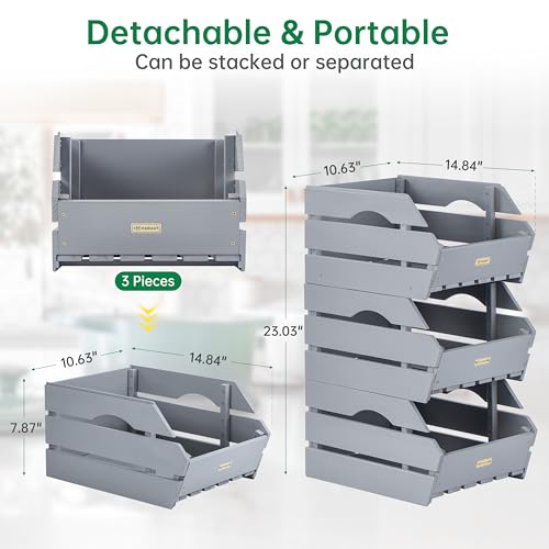 Wood Potato Onion Storage Bins - Wooden Stackable Produce Basket - Fruit Vegetable Storage for Kitchen Pantry Organization, Set 3 Pieces - color: Dusty Grey