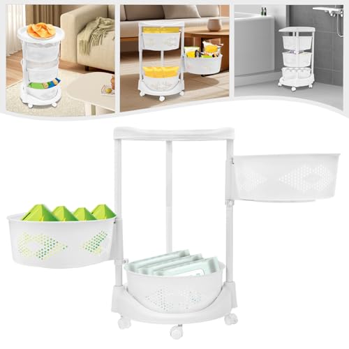 Fruit Basket for Kitchen, 5 Tier Circular Rotating Basket Large Storage Rack with Wheels, Standing Shelf Storage, Multi-Layer Storage Shelves with Top Lid for Living Room, Office, White (3-Tier) - size: 3-Tier