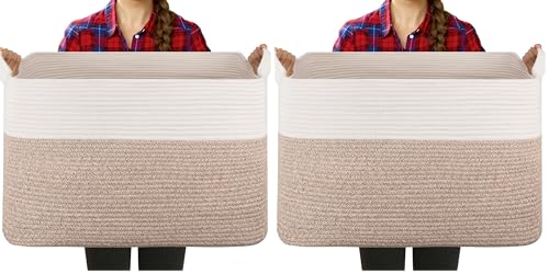 Extra Large Laundry Basket, 95L Blanket Basket for Living Room, Cotton Rope Toy Storage for Kids, Woven Baskets for Clothes, Towels, Pillows, 24" x 17" x 14", Brown and White (Pack of 2) - color: Brown & White, size: 24"x16.9"x14.2" (Pack of 2)
