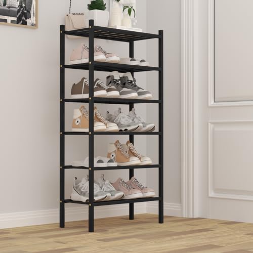 ROMGUAR CRAFT 6-Tier Bamboo Small Shoe Rack, Free Standing Wood Shoe Shelf Storage Organizer for Closet Entryway Stackable (Black) - color: Black, size: 6-Tier(Small)