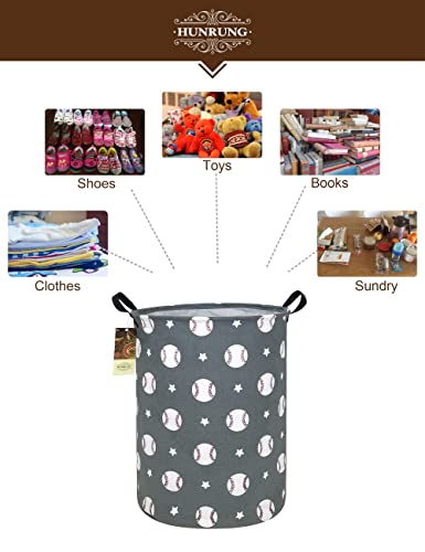 Collapsible Fabric Storage Basket, Waterproof Laundry Hamper with Handles, Round Storage Bin for Clothes Toys, Foldable Organizer for Bedroom Nursery Bathroom(Round-Grey Baseball) - color: Round-Grey Baseball