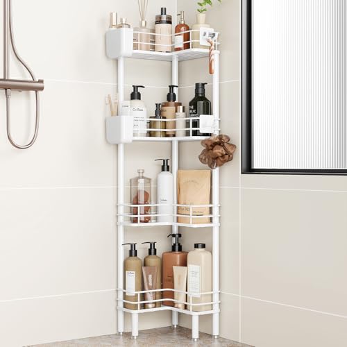 Orimade Rustproof 4 Tier Floor Standing Corner Shower Caddy Organizer with Toothbrush Holder, Large Spacing Floor Shower Shelf Rack Storage Stands with Hooks for Bathroom Kitchen, White - color: White, size: 4 Tier