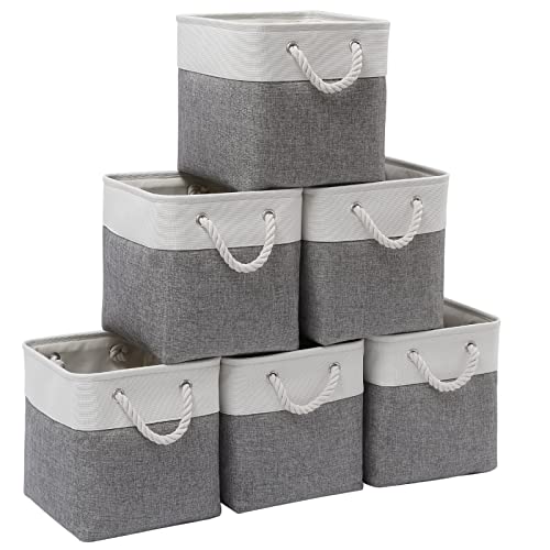 Cube Storage Bins, 6 Pack Collapsible Fabric Storage Cubes, 11 Inch Cube Organizer Bins with Handles (White/Gray) - color: white grey