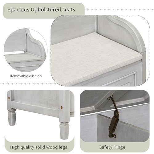 Knocbel Rustic Entry Storage Bench with Hidden Compartments and Removable Cushion, Wooden Entryway Hallway Foyer Shoe Bench Bedroom End of Bed Bench, 250lbs Weight Capacity (Gray Wash) - color: Gray Wash
