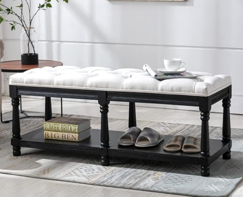 Kmax Storage Entryway Bench Tufted Shoe Rack Bench Black Wood Window Bench for Hallway Entrance Bedroom Corner, Beige - color: Beige- Black Wood, size: Storage- 2 Seats