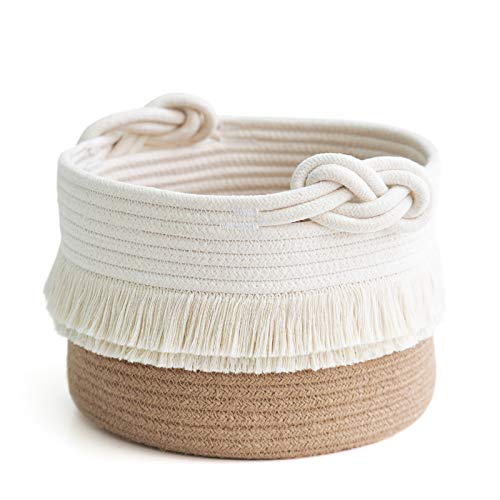 CherryNow Small Woven Storage Baskets Cotton and Jute Rope Decorative Hamper for Diaper, Blankets, Magazine and Keys, Cute Tassel Nursery Decor - Home Storage Container – 9.5'' x 7'' - color: White & Camel, size: 10L (9.5"W x 7"H)