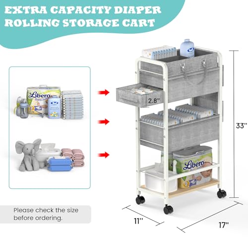 LIDTOP 2In1 Diaper Caddy & 4-Tier Rolling Diaper Cart, Diaper Caddy Organizer Cart with Dividers & Drawer, Mobile Metal Bedside Cart for Baby Nursery Essentials Storage, Large Capacity, White - color: White(with Drawer)
