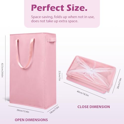 Odonata Slim Laundry Hamper Handles Collapsible Laundry Basket Thin Dirty Clothes Basket Narrow Laundry Bag Foldable Dirty Hamper 45L (Pink) - color: Pink