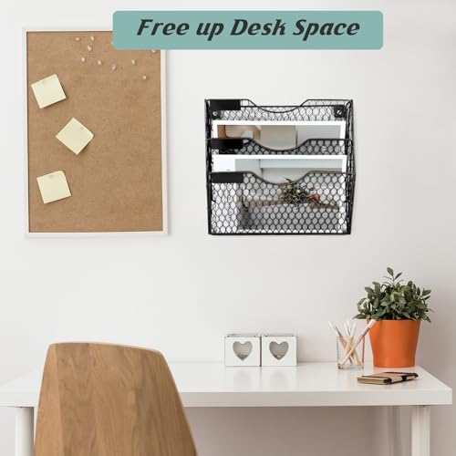EASEPRES Mail Organizer Wall Mount Hanging File Holder Storage, Metal Chicken Wire Magazine Rack 3 Tier, Black - color: Black, size: 3 Tier
