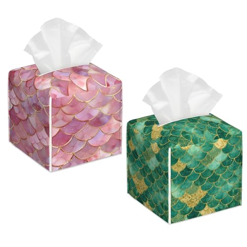 2 Pcs Tissue Box Cover Square,Mermaid Scale Tissue Box Holder Leather Facial Paper Organizer Dispenser for Bathroom Kitchen Bedroom Night Stand Office Desk - color: Mermaid Scale