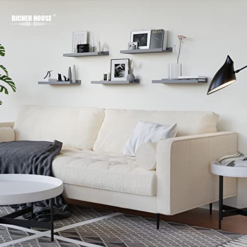 RICHER HOUSE Mounted Shelves for Wall Decor, Modern Picture Ledge Shelf with Lip for Wall Storage Nursery, Bedroom, Living Room, Bathroom - Grey - color: Grey, size: 5pcs*15.75in
