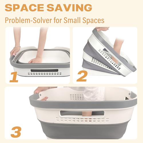 OOAMBB 43L+43L Collapsible Laundry Baskets plastic, Pop Up Laundry hamper/Storage Container, Foldable Laundry Basket with Handles, Durable,Space Saver (Grey, 2 Packs)