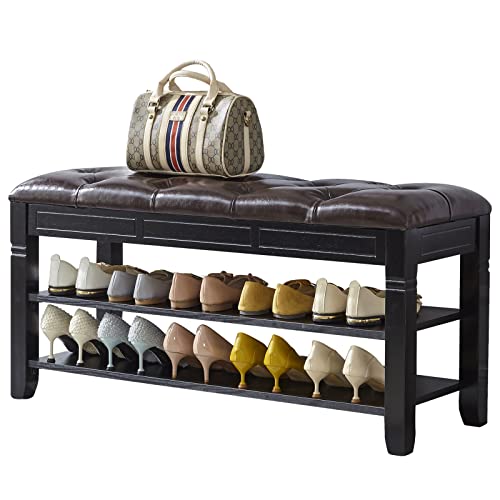 LEILISI Shoe Bench, Storage Rack Organizer with Cushion 2 Tier Lift Top Shoe Rack for Entryway Living Room Bedroom Hallway Wooden Furniture (Black, 39.4'') - color: Black, size: 39.4