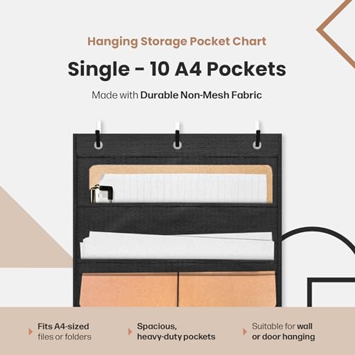 Hippo Creation Heavy Duty Storage Pocket Chart for Classroom, 10 Pocket Storage Organizer with 6 Over-Door Hangers, Hanging Wall Organizer for File Folders, School Mailbox, Home Office Papers - Black - color: Black - 2 Pack (10 Pockets)