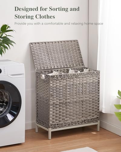 SETVSON Laundry Hamper with Lid 132 L, (35 Gallons) Clothes Hamper with Lid, Handwoven Rattan Laundry Hamper with Metal Heightened Feet, Laundry Hampers with 3 Removable Liner Bags for Laundry-Gray - color: Gray, size: 132 L - 35 gal