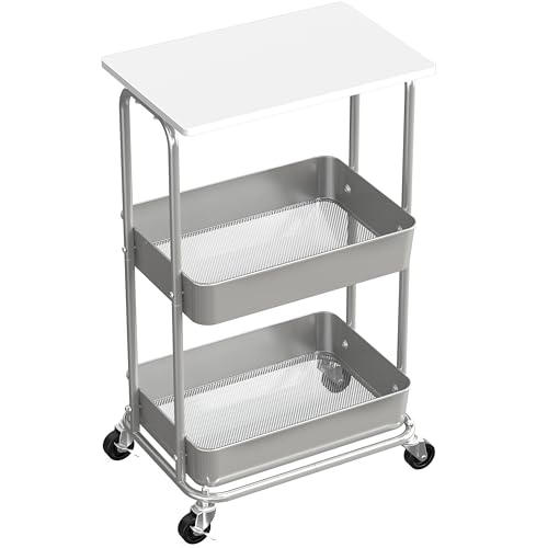 Simple Houseware 2-Tier Rolling Utility Cart with Lockable Wheels and Wood Top, Metal Storage Organizer Trolley for Kitchen, Bathroom, Office, Craft Room, White - color: White