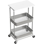 Simple Houseware 2-Tier Rolling Utility Cart with Lockable Wheels and Wood Top, Metal Storage Organizer Trolley for Kitchen, Bathroom, Office, Craft Room, White - color: White
