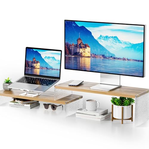 Adjustable Monitor Stand Riser with Acrylic Legs丨7.67" Wide Dual Monitor Stand for Desk丨2-Tier Wood Desktop Organizer for Computer, Laptop, Printer & PC丨Modern Aesthetic Desk Shelf(wood-glacial striae) - color: wood-glacial striae, size: 7.67' W*19.3L