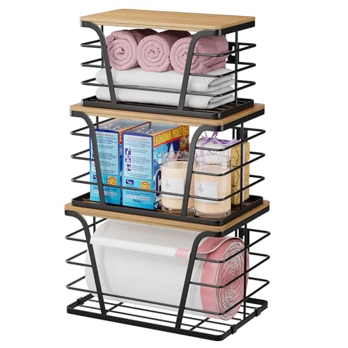 TIDIIABODE 3 Pack Stackable Pantry Organizer, Trash Bag Dispenser Under Sink, Kitchen Organization and Storage, Kitchen Counter Organizer, Black - color: 3-Pack-XL&L&S-Black