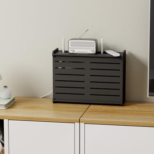 Wooden WiFi Router Storage Box Hider Shelf, Decorative Projector Box Hider Rack Countertop, for Cable, Modem, Internet, Router Power Cover Storage Organizer Cabinet Wall Mounted, Black - color: Black, size: Small