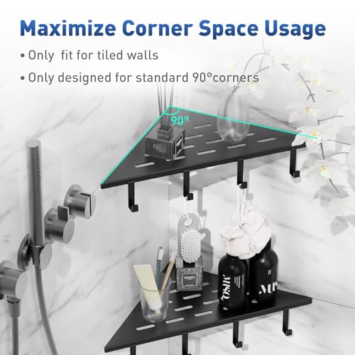 lives Corner Shower Shelves 2 Pack, 10" Black Corner Shelf for Bathroom, 304 Stainless Steel Grout in Bathroom Shower Shelf for Tiled Wall, Waterproof, Easy Install（with Hook） - color: Silver-floral Pattern, size: Triangle-2pcs