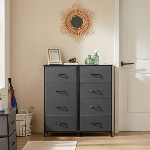 DUMOS Nightstand with 4 Drawers Bedside Table with Removable Fabric Bins Sturdy Steel Frame Wood Top Organizer Furniture for Bedroom Closet Living Room - color: Grey, size: 11.8"D x 17.7"W x 37.4"H (4 Drawers)