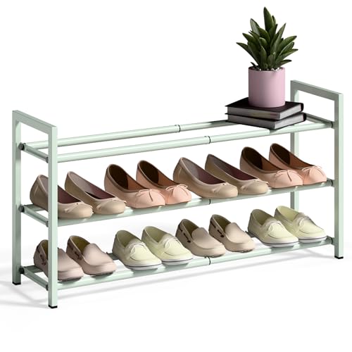 Bumusty 3-Tier Expandable Shoe Rack for Closet, 18“-33” Adjustable Shoe Rack for Small Space, Small Shoe Organizer for Front Door, Sturdy Metal, Green - color: Green, size: 3-Tier