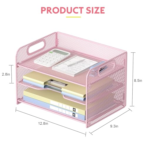 Samstar 3 Tier Pink Letter Tray Paper Organizer with Handle, Mesh Desk Organizer Paper Sorter File Rack Shelves, Pink - color: Pink 3 Tier Pack of 1