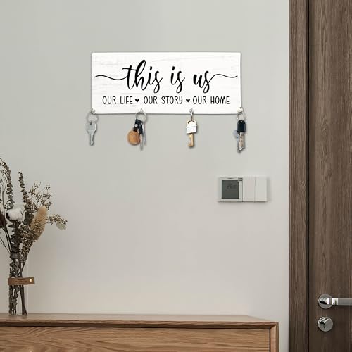This is Us Wooden Key Holder for Wall - 5"x10" Key Organizer Hanger with 4 Hooks for Home Front Door Hallway Entryway Kitchen - Home Office Decor & Housewarming Gifts Supplies - A05 - color: This Is Us