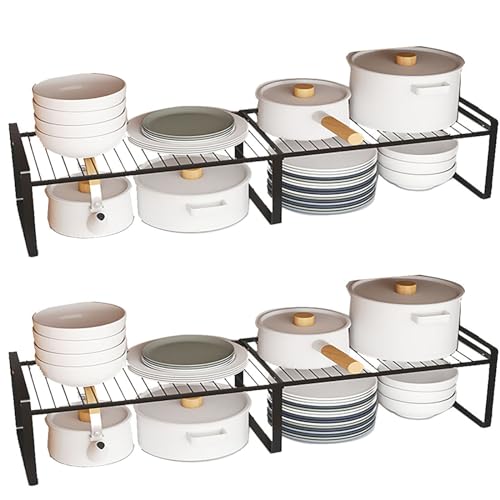 Expandable Cabinet Shelf Rack Set of 2, 13"~24" L X 8" D X 7" H Stackable Kitchen Cabinet Organizer Shelves Set of 2 for Countertop Pantry Cabinet Accessories - color: Black